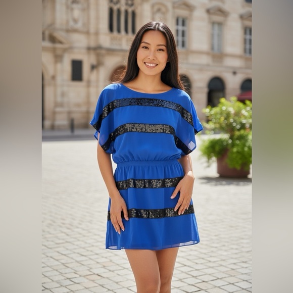 JESSICA SIMPSON Sheer Cobalt Blue & Black Sequin Stripes Mini Dress SZ SM - Picture 8 of 8